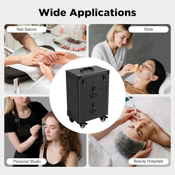 Professional Rolling Makeup Case, Large Cosmetic Trolley with Locks, Cosmetics Storage Organizer Make up Case with Universal Wheels for Make Up Nail Hairstylists