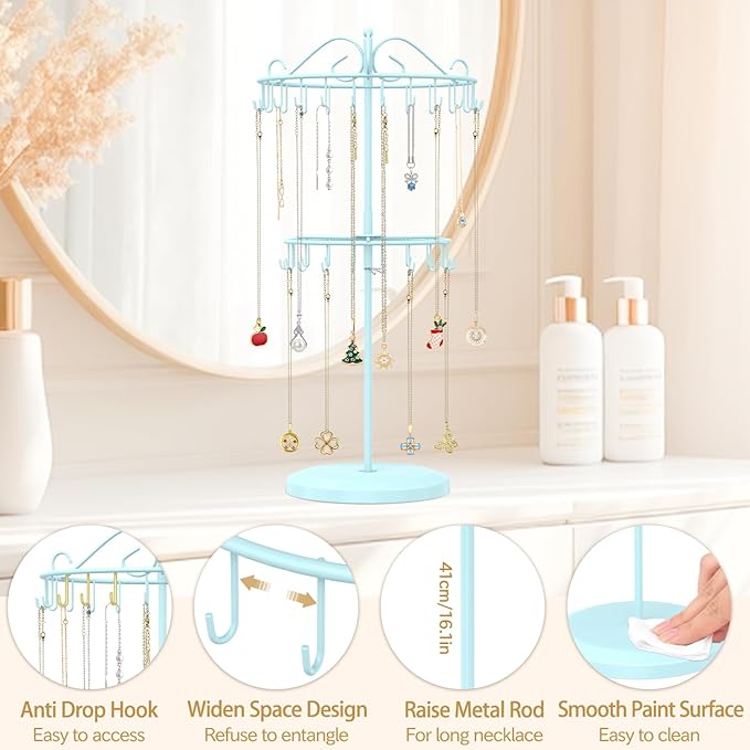 MODOWEY Rotating Necklace Holder Organizer Display Stand with 42 Hooks, 2 Tier Adjustable Metal Tree for Long Necklace Hanger Selling, Tall Spinning Bracelet Storage Rack for Men Women, Blue