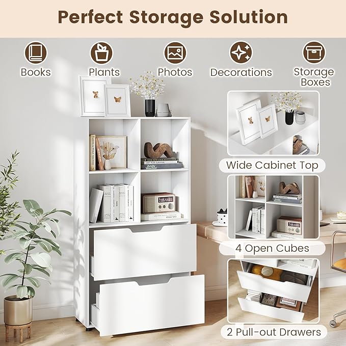 GOFLAME 4-Tier Bookcase with 2 Drawers, 51” Tall Bookshelf with 4-Cube Open Shelf, Wood, Modern, Freestanding Display Storage Organizer Shelf for Living Room, Home Office (1,White)