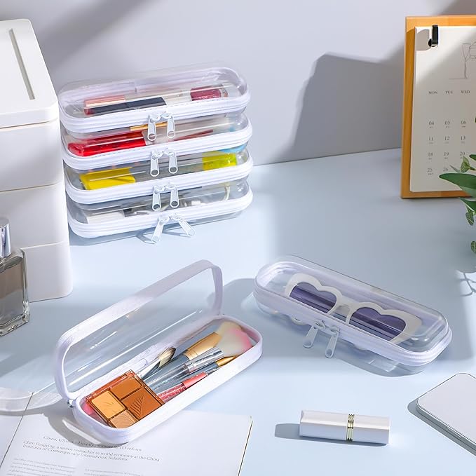 Sanwuta 6 Pcs Clear Hard Zipper Case Hard Plastic Zipper Pouches Transparent Makeup Bag Pencil Pouches for Travel Snacks Christmas Trinket Storage Organizer Box(White,7.87 x 2.56 x 1.57 Inch)
