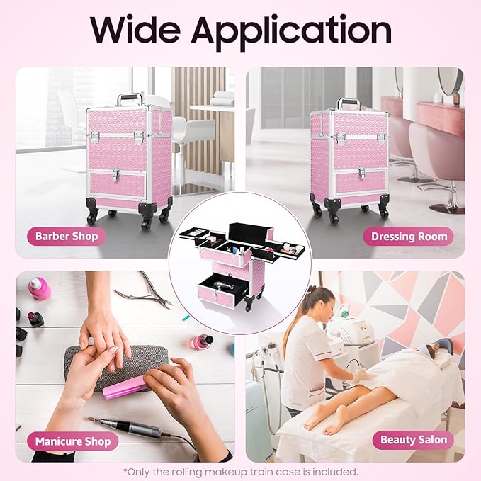Rolling Makeup Train Case with Drawers, Portable Rolling Makeup Cart with Wheels, Pink Cosmetology Storage Cart with 6 Compartments for Makeup Artists, Hairdressers, Pet Groomers