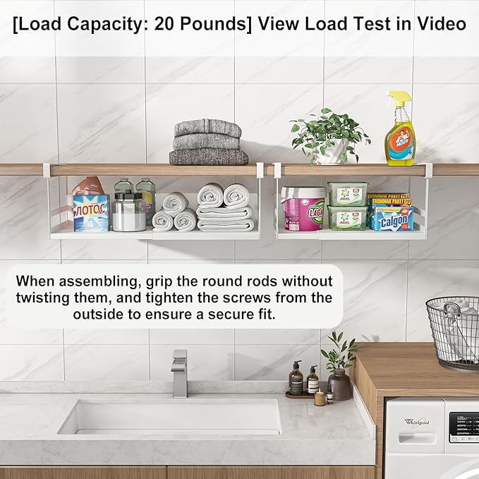 Expandable Under Cabinet Shelf Organizer with 0.94-Inch Thick Clips, Heavy Duty Extendable Under Shelf Storage Basket for Pantry or Laundry Room, White, 2 Pack, Interior: 5.7" H x 8.54" D