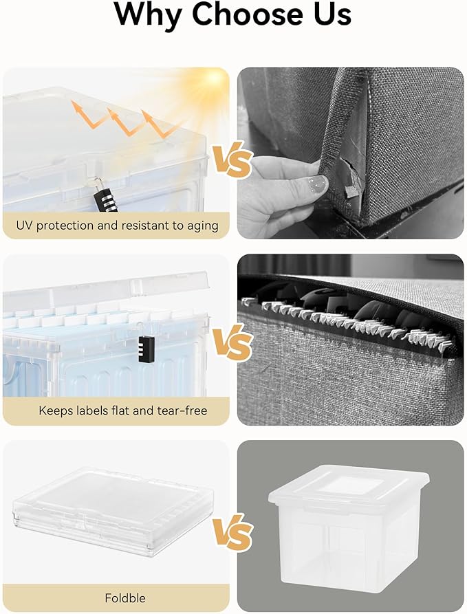 Oterri Plastic File Box with Lid for Letter Size File Folders, Hanging File Folder Box Collapsible File Organizer, File Cabinet Document Organization Home, Office (Clear, Large-2 Pack Without Folders)