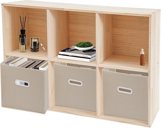 Wooden Cube Shelf Bookcase,Solid Wood Shelves with 6 Compartments and 3 Fabric Baskets,Open Bookcase Cube Shelf Storage Organizer for Bedroom, Living Room, Office, Study Room