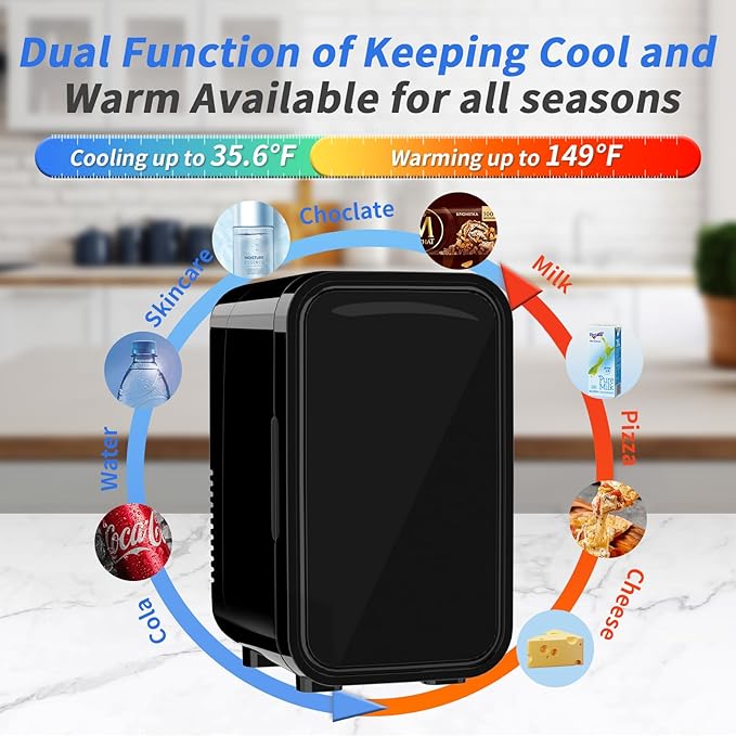 Mini Fridge, 6 Liter/8 Can 110V AC/DC Portable Thermoelectric Cooler Refrigerators for Bedroom, Skincare, Beverage, Office, Dorm Room and Car, Black