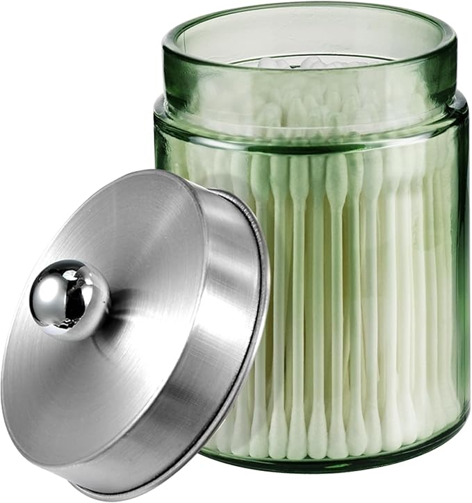 Amolliar Sage Green Glass Apothecary Jar, Qtip Holder Metal Lid & Sticker, Bathroom Qtip Dispenser Storage Canister, Perfect for Cotton Balls, Swabs, Round Pads, Bath Salt, Floss,Brushed Nickel 1 Pack