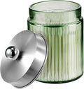 Amolliar Sage Green Glass Apothecary Jar, Qtip Holder Metal Lid & Sticker, Bathroom Qtip Dispenser Storage Canister, Perfect for Cotton Balls, Swabs, Round Pads, Bath Salt, Floss,Brushed Nickel 1 Pack