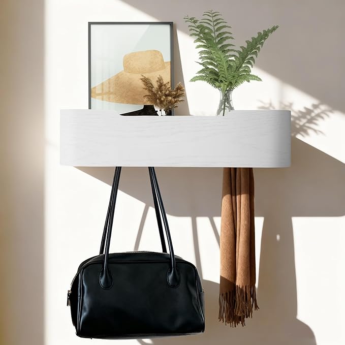 Wall Coat Rack Floating Shelves Modern Coat Rack Wall Mount with Storage Entryway Shelf Wooden Hanger 20 Inch 4 Hidden Metal Hooks for Living Room Bedroom (White, 4 Hooks)