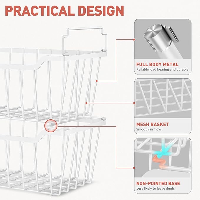 Goovilla Freezer Organizer Bins with Foldable Handle, 8 Pack Stackable Freezer Baskets for 3.5-7 Cu.FT Deep Chest Freezer Organization, White Metal Freezer Storage Bins with Better Space Utilization