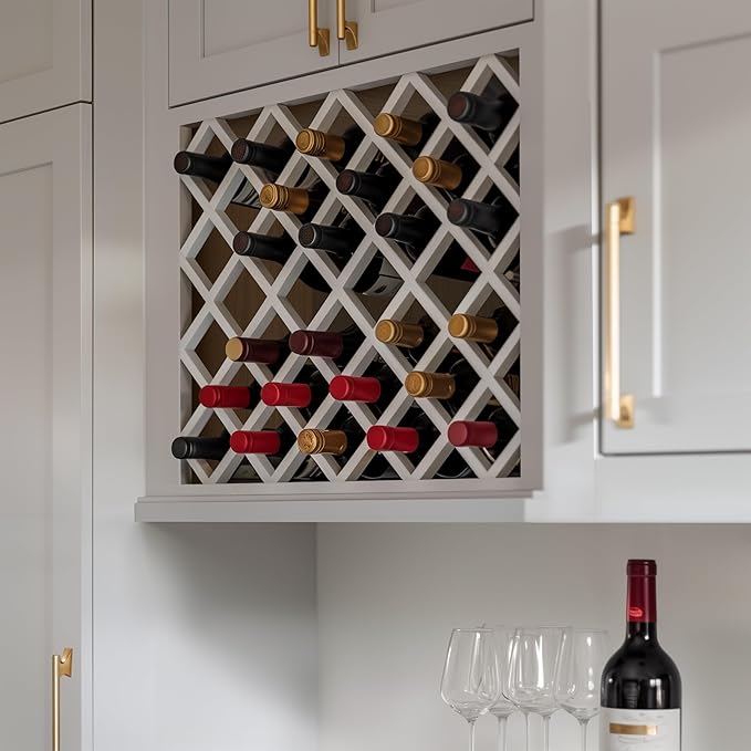 Solid Wood RTA Wine Bottle Rack Wall Cabinet with Lattice Panels - Bottle Holder Storage for Bar, Pantry, or Wine Cellar - Mocha Finish Countertop Solution (White, 24'W 12'D 30'H)