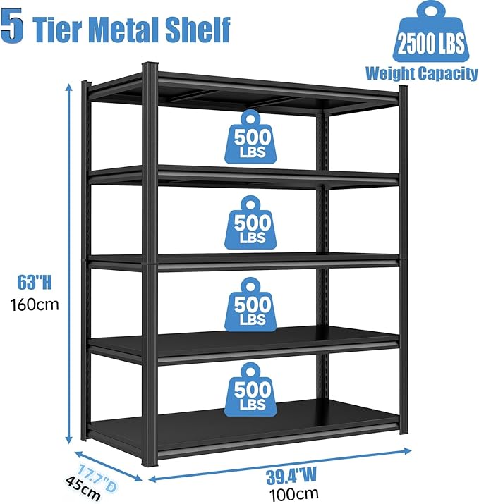 Shelf for Garage Power Tools/Kitchen Appliances/Basement Pantry Laundry Utinity, Storage Standing Shelving Unit Plants/Retail/Food/Display,Adjustable, Heavy Duty,39"Wx18"Dx63"H, 5Tier Shelves