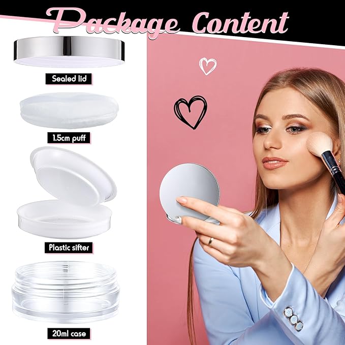 Cunhill 2 Pcs Loose Powder Container with Puff 0.17/0.7 oz Reusable Plastic Empty Case Portable DIY Makeup Powder Container Compact Case with Mirror and Net Sifter(Silver,Marble)