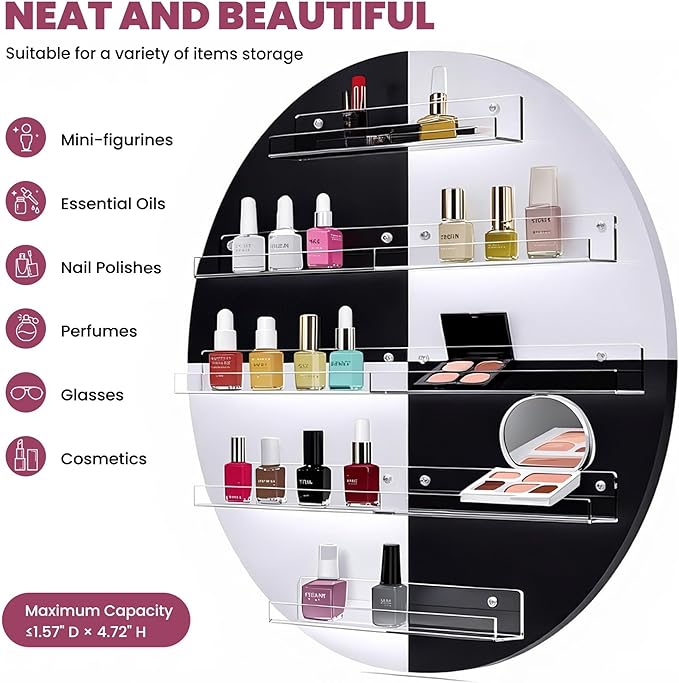 Wall Mount Nail Polish Organizer, Wood Nail Polish Rack w/Acrylic Barrier, 5-Tier Round Storage & Display Shelf, Perfume Essential Oil Bottles Holder, White & Black