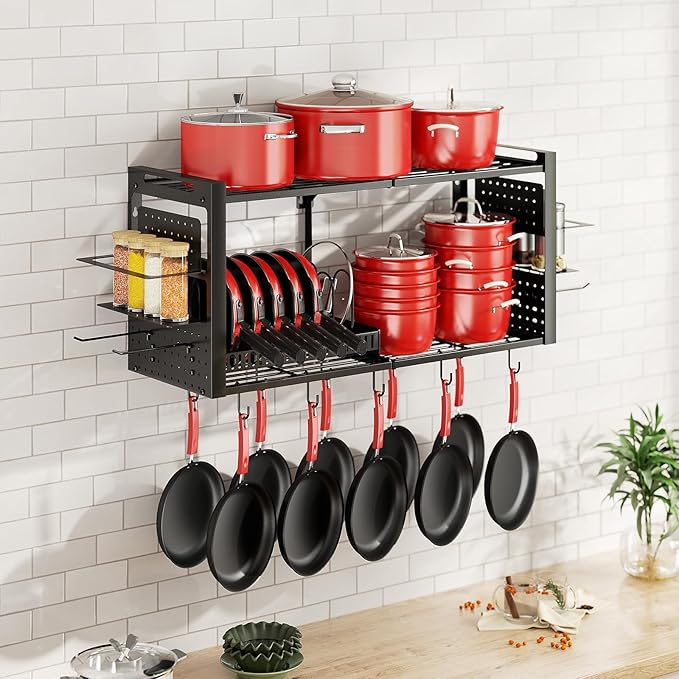 31 Inch Pot Rack Wall Mounted, 2-Tier Pots and Pans Hanging Organizer with 20 Hooks & Pan Organizer and Spice Rack, Heavy Duty Hanging Pot Hanger for Kitchen Cookware, Utensils, Black