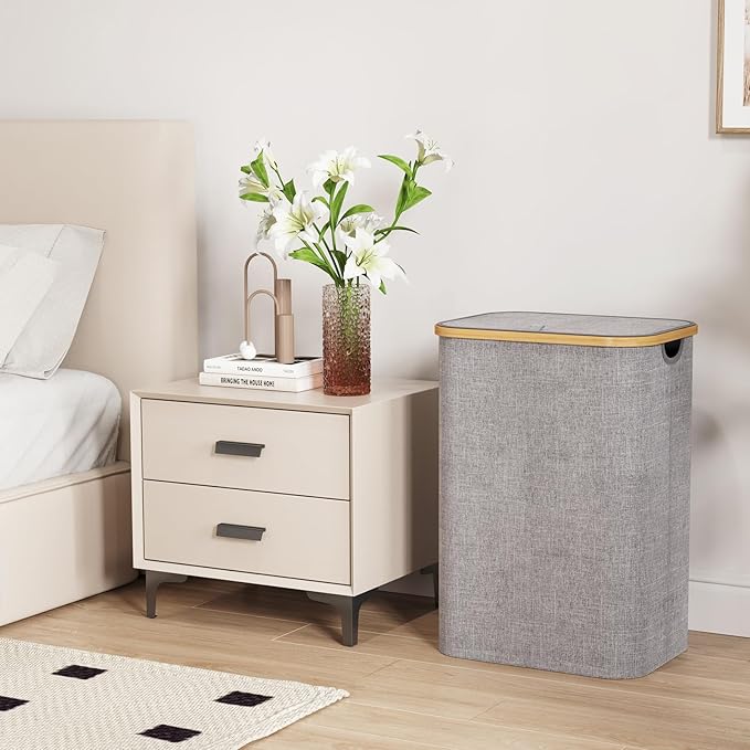 Lifewit 80L Laundry Basket with Lid, Clothes Hampers for Laundry with Bamboo Handles and A Removable Laundry Bag, Large Foldable Hamper for Bedroom, Bathroom, Dorm, Laundry Room, Light Gray