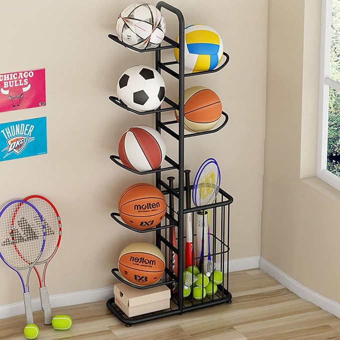 7-Ball Sports Equipment Storage Rack with Ball Holder and Basketball Rack, Athletic Gear Organizer ball Stand - Organize Toys, Sports Gear and More, 57.5" (Black)