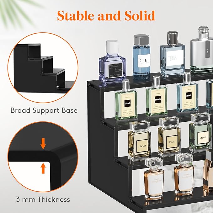 Lifewit 12 Inch Cologne Organizer for Men, 4 Tier Large Plastic Perfume Stand, Tool-free Assembly, Display Shelf for Fragrance, Aftershave, Skincare Makeup for Vanity, Bedroom, Bathroom Storage, 3 Pcs