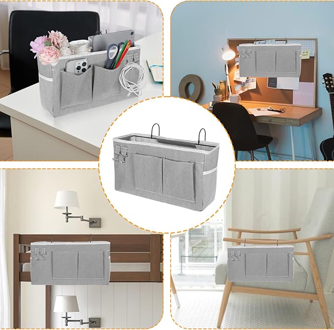 2 Pcs Bedside Caddy Storage Organizer/Bedside Storage Bag - Hanging Bag Holder with Pockets for Bunk and Hospital Beds, Dorm Rooms Bed Rails, Can be Placed Glasses, Books, Mobile Phones, Keys (Gray)