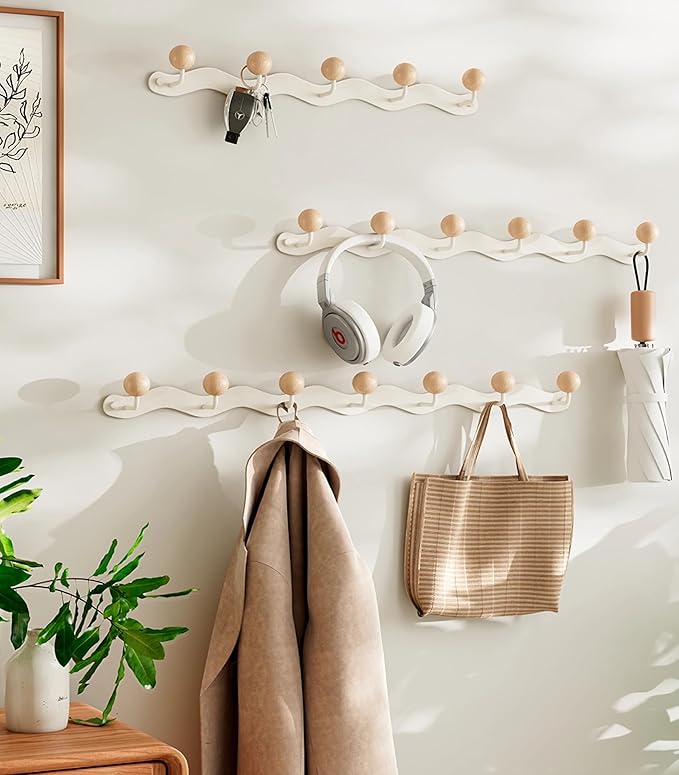 Coat Rack Wall Mount,White Wall Hooks Adhesive & Screw in,Anti-Tear Wooden Ball Hook Rail, Heavy Duty Metal Coat Hanger Wall Mount for Entryway, Bathroom, Bedroom, Kitchen2PACK (5-tri Hooks)