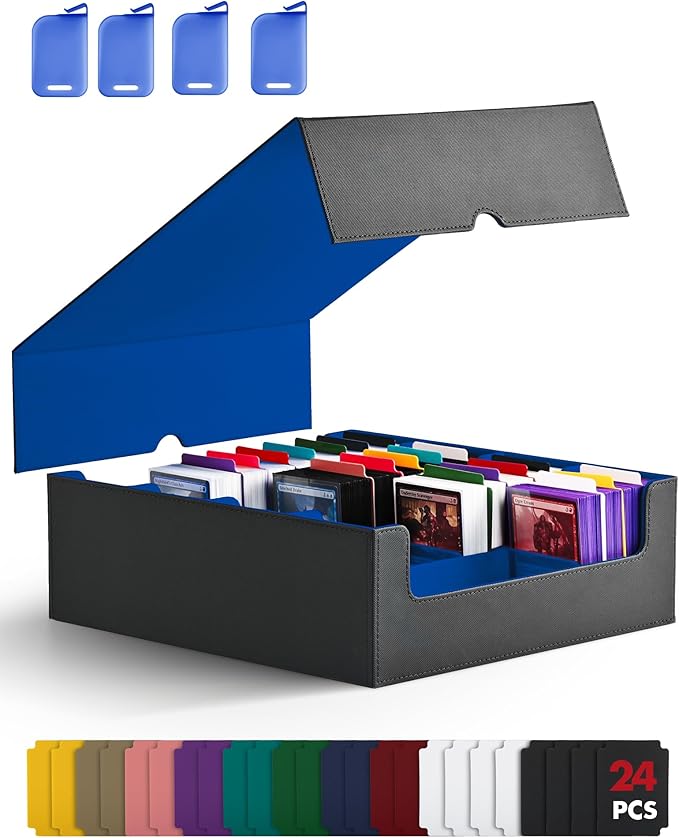 ZLCA Card Storage Box for MTG PTCG, Commander Deck Box Holds 3200+ Cards, Trading Card Storage Case with 4 Stoppers, Card Organizer for TCG Sport Cards(Black&Blue)