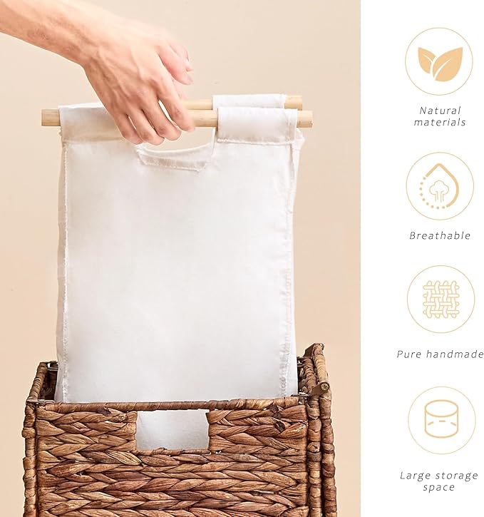 Handwoven Laundry Hamper with Lid, Natural Water Hyacinth Heightened Feet Laundry Basket, Wicker Clothes Hamper with Removable Liner Bag