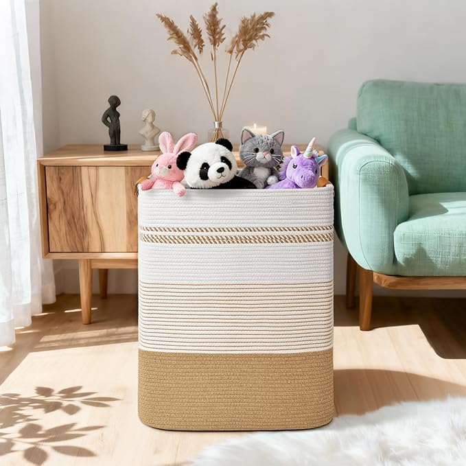 Laundry Hamper, 95L Tall Laundry Basket with Leather Handles, Rectangle Large Clothes Hamper for Organizing, Cotton Woven Laundry Baskets Storage Hampers for Bedroom, Nursery, Living Room