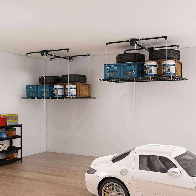 Overhead Garage Storage Rack 4x8 FT, Adjustable Ceiling Lift Storage System for 10–12 FT Ceilings, Heavy-Duty Steel Overhead Shelf with Crank Handle, Safety Lock, 325 lbs Capacity