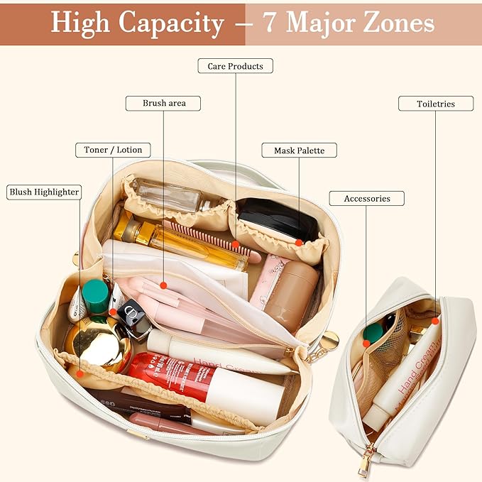 Birthday Gifts for Women Teen Girl, Personalized Initial Makeup Organizer Bag Set, Open Flat Travel Cosmetic Bag With Clear Divider and Handle(Beige,G)