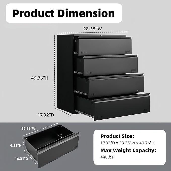 Metal File Cabinet with Lock, 4 Drawer Lateral File Cabinets for Home Office, Heavy Duty Office Storage Cabinet for A4/Letter/Legal Size, Assembly Required(Black)