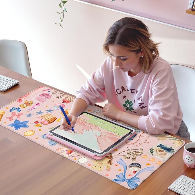 iCasso Desk Cover Mat, Extra Large Mouse Pad, Desk Pad Mat,Office Matt for Desktop Protector, Anti-Slip XXL Big Mousepad with Stitched Edges for Laptop Computer Keyboard (Pink)