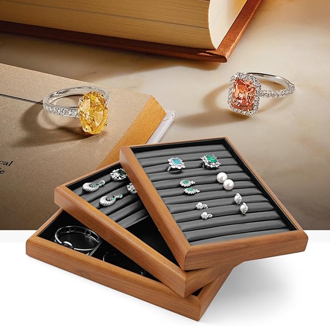 Oirlv Solid Wood Multifunctional Ring Earrings Studs Bangle Jewelry Organizer Tray Jewelry Drawer Organizer(Black)