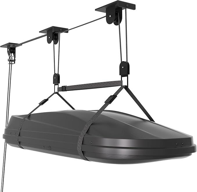 Cargo Box Pulley System for Garage Storage, Heavy-Duty Kayak/Canoes/Bikes/Ladders Ceiling Hoist, Hold Up to 150 lbs Capacity, Fit 10-18 Foot Ceilings, Black