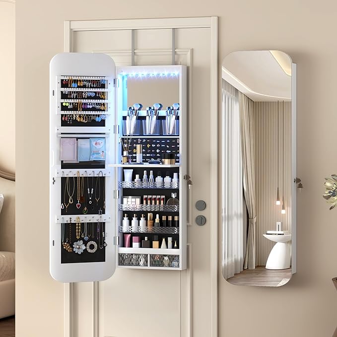 Vlsrka 47.2" LED Mirror Jewelry Cabinet, Wall/Door Mounted Full Length Mirror with Storage, Lockable Jewelry Armoire with Mirror, Rounded Corner Hanging Mirror Jewelry Organizer, White