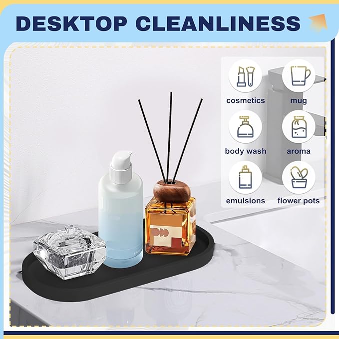 2 Pieces Silicone Shatterproof Bathroom Vanity Tray, 9.8" & 11.8" Oval Black Kitchen Counter Tray, Hand Soap Dispenser Tray, Toilet Top Perfume Trays for Dresser Holder Organizer (Black)
