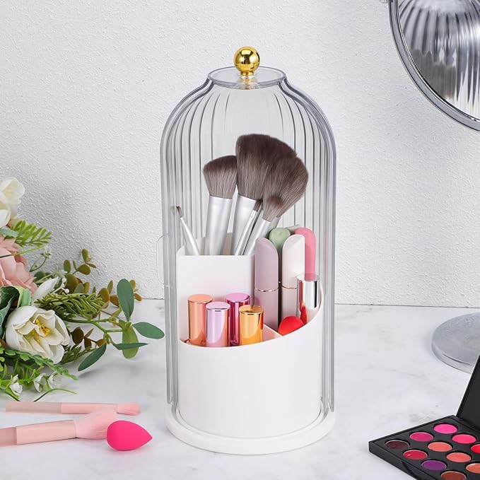 Rotating Makeup Brush Holder With Lid : Makeup Organizer For Vanity Dustproof Cosmetic Brush Organizer For Home Use, White, 9. 84 X 4. 92 X 4. 92 Inches