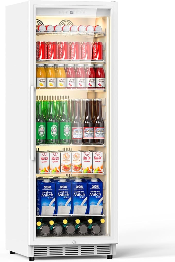 Commercial Merchandiser Refrigerator, 13.8 Cu Ft Display Beverage Fridge with Glass Door Upright Cooler with LED Light Low Noise, Fast Cooling for Shop, Restaurant, Office (White)