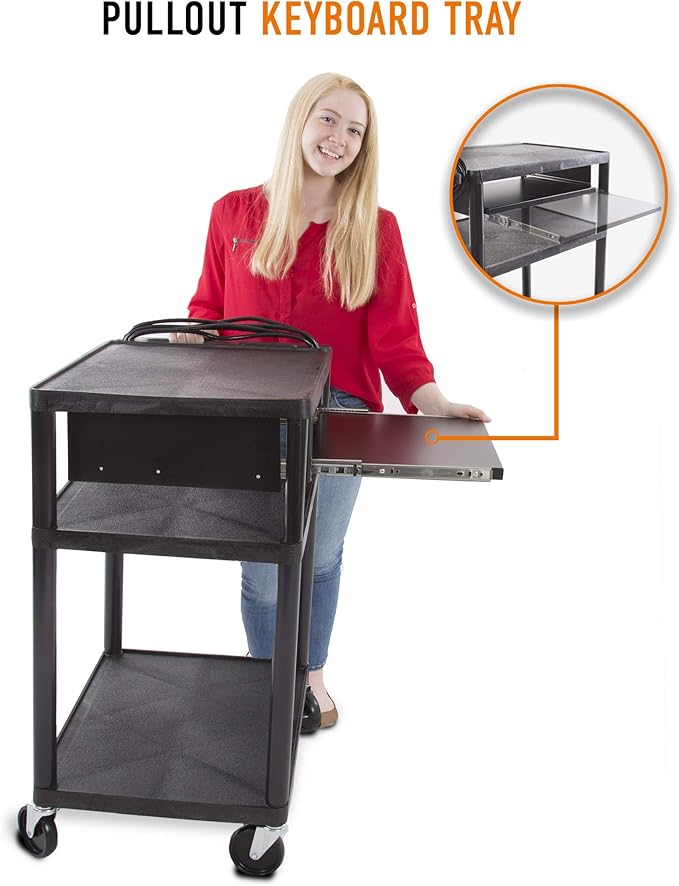 Line Leader Plastic AV Cart with Keyboard Tray, Mobile Workstation with Storage For Offices and Schools, Rolling with 4 Casters, 2 Locking Brakes, Heavy Duty, Holds up to 100 lbs (Black, 24 x 18 x 34)