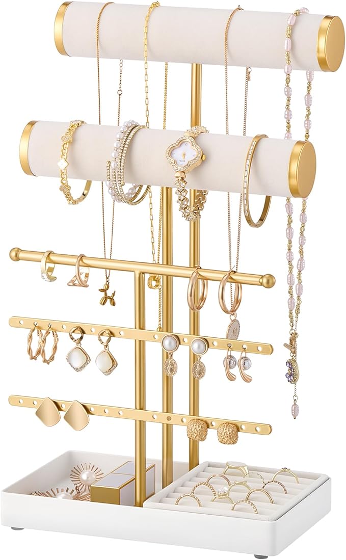 Lolalet Bracelet Display Stand Necklaces Holder, 5 Tiers Jewelry Organizer and Storage Rack with Velvet Slot and Metal Base, for Women Bangles Watches Ring Earrings -White