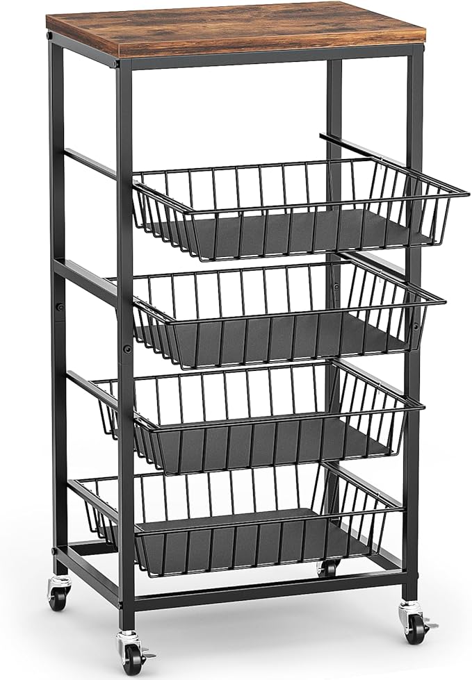 Fruit Vegetable Cart, 4-Tier Snack & Kitchen Cart on Wheels with Storage, Pull-Out Baskets & Wood Top, Rolling Organizer for Pantry, Living Room (Brown)