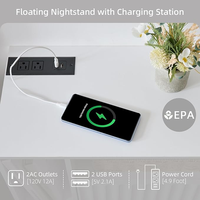 Modern Matte White Fluted Floating Nightstand with Charging Station, NightStand with Drawers, Bedside with USB Ports and Outlets, Bedroom Furniture(Left)