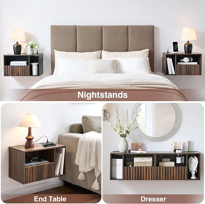 Modern Walnut Fluted Floating Nightstand with Charging Station, NightStand with Drawers, Bedside with USB Ports and Outlets, Bedroom Furniture (Right)