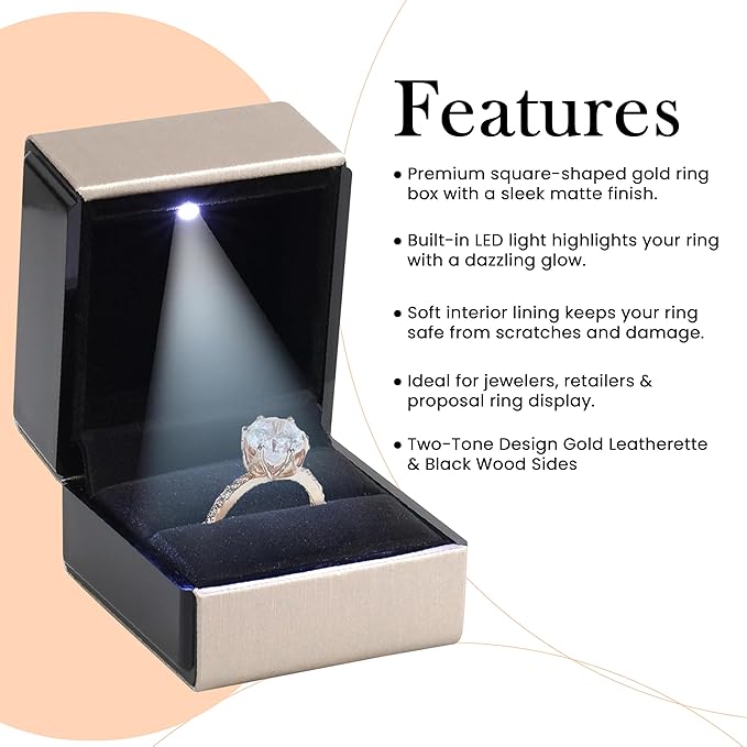 Novel Box Square Shaped Gold Ring Box With LED Light 2.25X2X2.5 Inches - Jewelry Ring Case Best for Jewelry Displays - Gift Boxes for Mother's Day, Engagement, Anniversary & more Happy Occasions