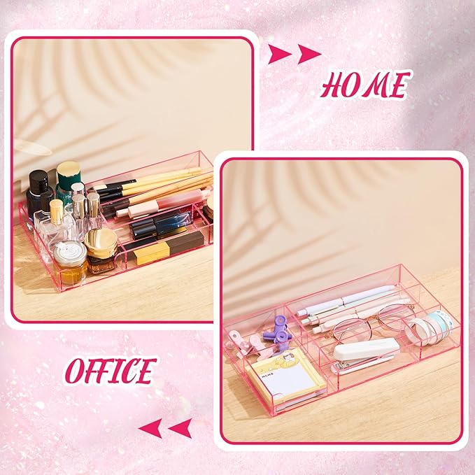 Translucent Pink Acrylic Desk Drawer Organizer 11 x 6.1 x 1.38 Inch Storage Tray Organizer for Pens, Stationery, Desktop, Office, Bathroom, Kitchen, Makeup Supplies (6 Compartments)
