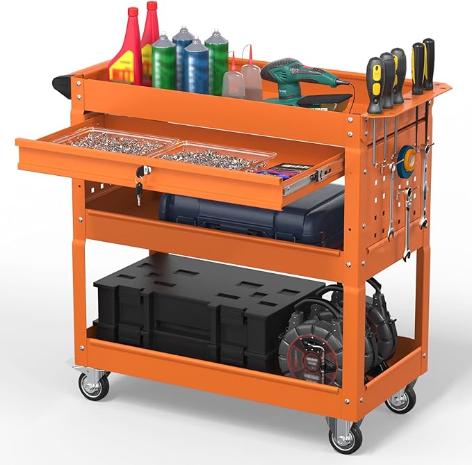 3 Tier Rolling Tool Cart on Wheels, 550 LBS Tool Cart with Drawers，Heavy Duty Utility Cart with Pegboard and Hook，Mechanic Tool Storage Cart for Garage, Warehouse and Repair Shop(Orange)