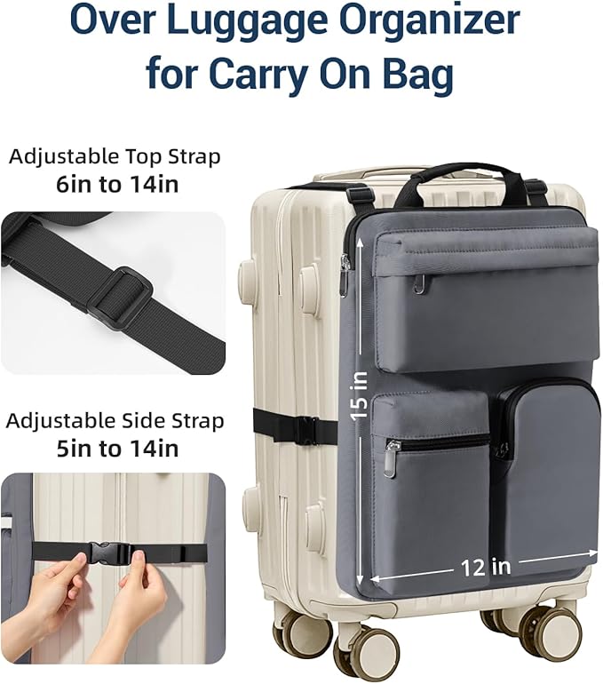 Over Luggage Organizer Bag for Suitcase with Multi Pockets, 16” Laptop Bag with Handle, Portable Travel Organizer Bags for Luggage with Adjustable Straps, Tote Carry Bag for Men Women(Grey)