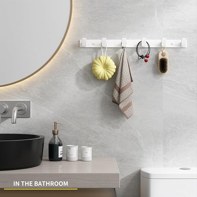 Coat Hook Wall Rack Hanger - White Coat Rack with 6 Hooks Wall Hooks for Hanging Hat Key Bag Towel Wall Mount Coat Holder