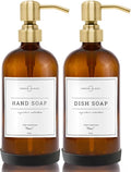 Vine Creations Amber Glass Soap Dispenser, 2 Pack Kitchen Soap Dispenser Set with Stainless Steel Pump, 16 oz Hand Soap and Dish Soap Dispensers for Kitchen or Bathroom with Waterproof Labels