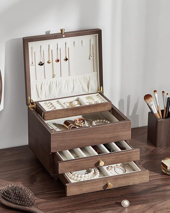 CHOSIN Wooden Jewelry Box, 3 Layer Large Jewelry Organizer for Women, Black Walnut Wood, Jewelry Storage for Necklaces Rings Earring Watches Bracelets Christmas Gifts(No Mirror)