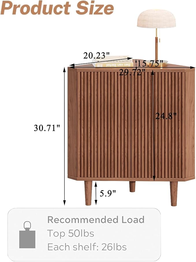 Fluted Floor Corner Kitchen Cabinet, Wooden Freestanding Cabinets Organizer with Door, Side Storage Organizer for Living Room, Dining Room, Bathroom Walnut