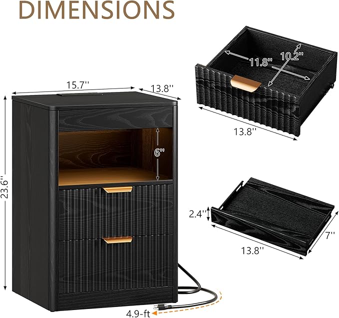 REAHOME Fluted Nightstand Set of 2 with Charging Station, Modern LED Night Stand with 2 Drawers and Pull Out Tray, Wood Bedside Table, End Side Table with Open Shelf for Bedroom,Black